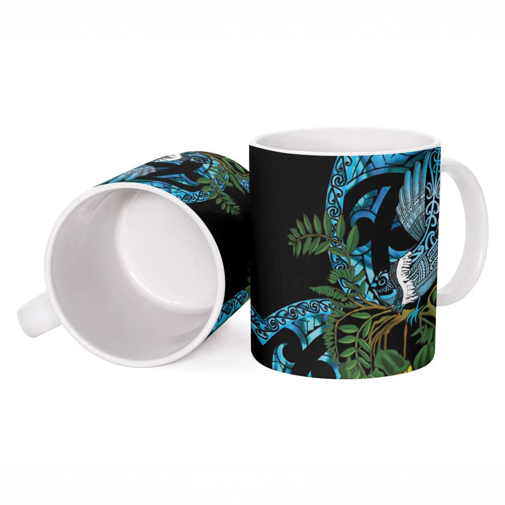 Turquoise New Zealand Kowhai And Piwakawaka Ceramic Mug Maori Ngaru Paua Shell - Polynesian Pride