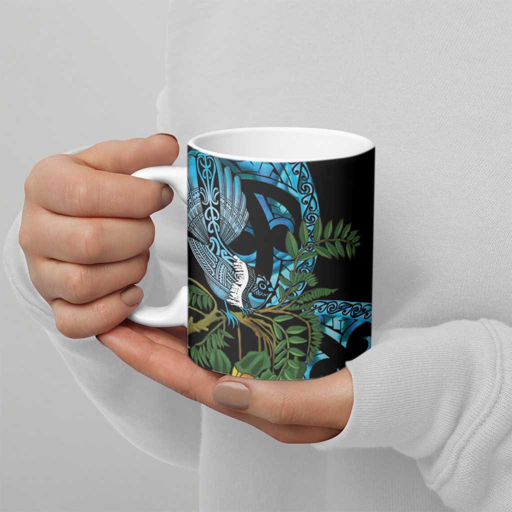 Turquoise New Zealand Kowhai And Piwakawaka Ceramic Mug Maori Ngaru Paua Shell - Polynesian Pride