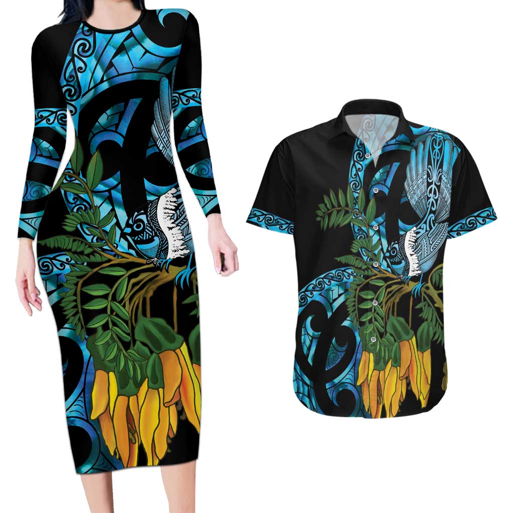 Turquoise New Zealand Kowhai And Piwakawaka Couples Matching Long Sleeve Bodycon Dress and Hawaiian Shirt Maori Ngaru Paua Shell
