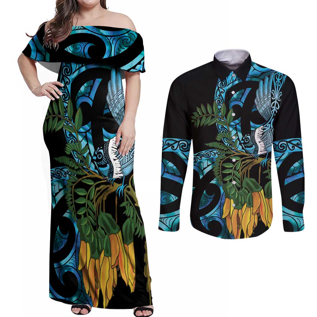 Turquoise New Zealand Kowhai And Piwakawaka Couples Matching Off Shoulder Maxi Dress and Long Sleeve Button Shirt Maori Ngaru Paua Shell LT14 Turquoise - Polynesian Pride