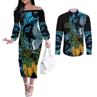 Turquoise New Zealand Kowhai And Piwakawaka Couples Matching Off The Shoulder Long Sleeve Dress and Long Sleeve Button Shirt Maori Ngaru Paua Shell LT14 Turquoise - Polynesian Pride