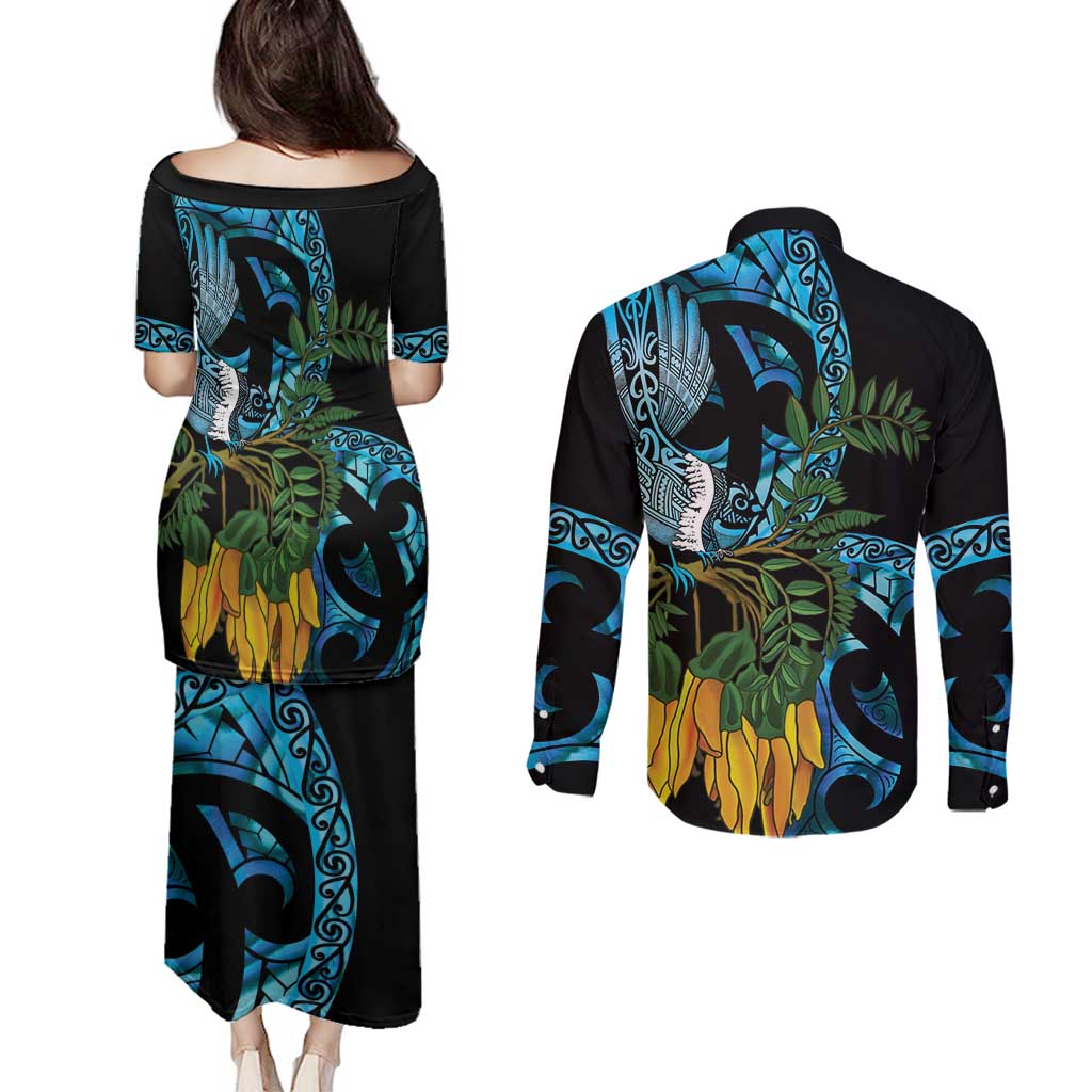 Turquoise New Zealand Kowhai And Piwakawaka Couples Matching Puletasi and Long Sleeve Button Shirt Maori Ngaru Paua Shell LT14 - Polynesian Pride