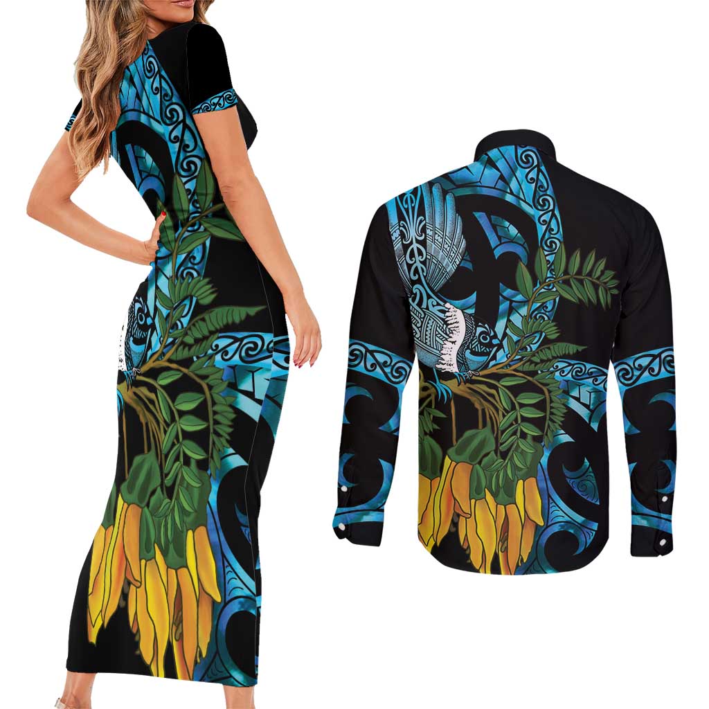 Turquoise New Zealand Kowhai And Piwakawaka Couples Matching Short Sleeve Bodycon Dress and Long Sleeve Button Shirt Maori Ngaru Paua Shell LT14 - Polynesian Pride