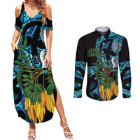 Turquoise New Zealand Kowhai And Piwakawaka Couples Matching Summer Maxi Dress and Long Sleeve Button Shirt Maori Ngaru Paua Shell LT14 Turquoise - Polynesian Pride