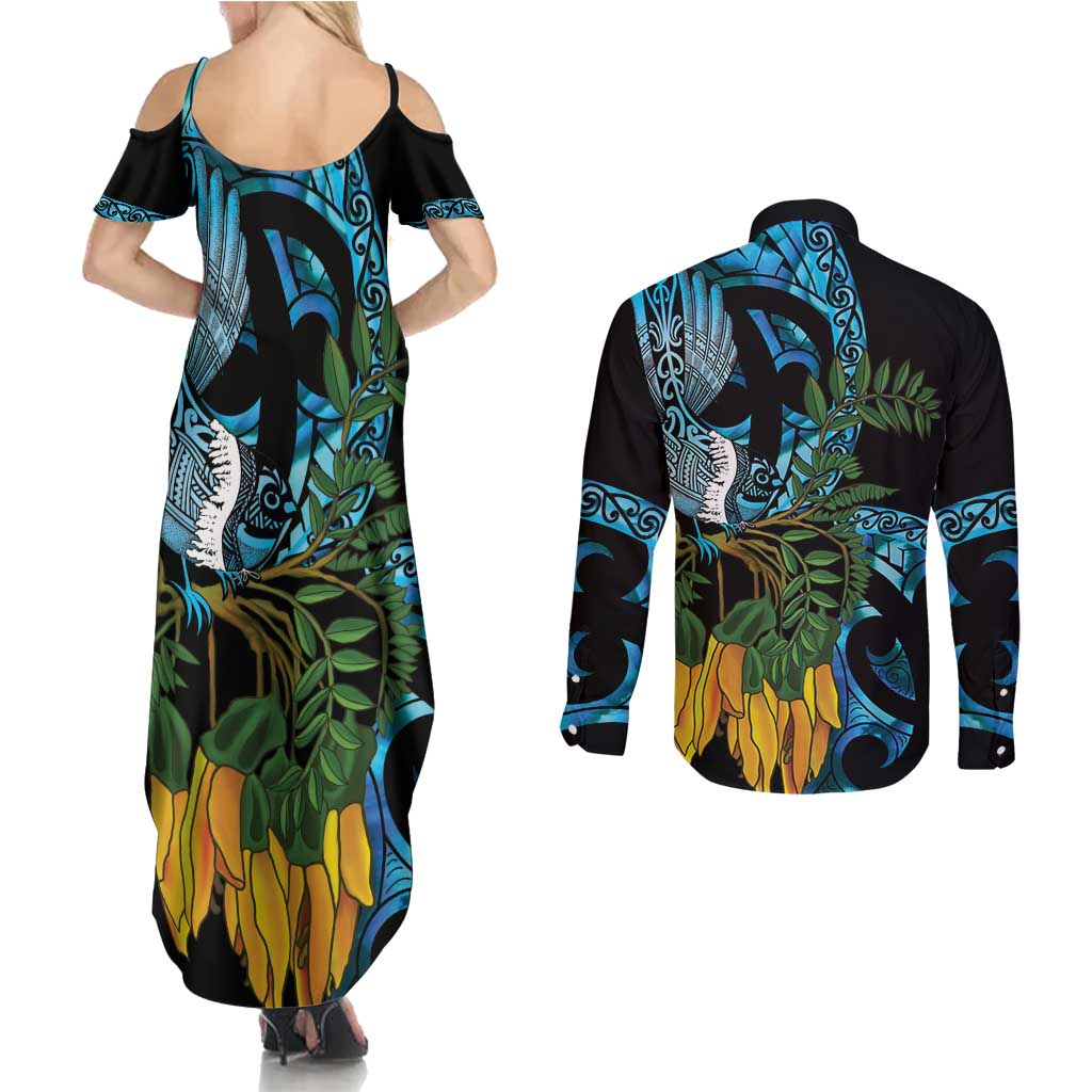 Turquoise New Zealand Kowhai And Piwakawaka Couples Matching Summer Maxi Dress and Long Sleeve Button Shirt Maori Ngaru Paua Shell LT14 - Polynesian Pride