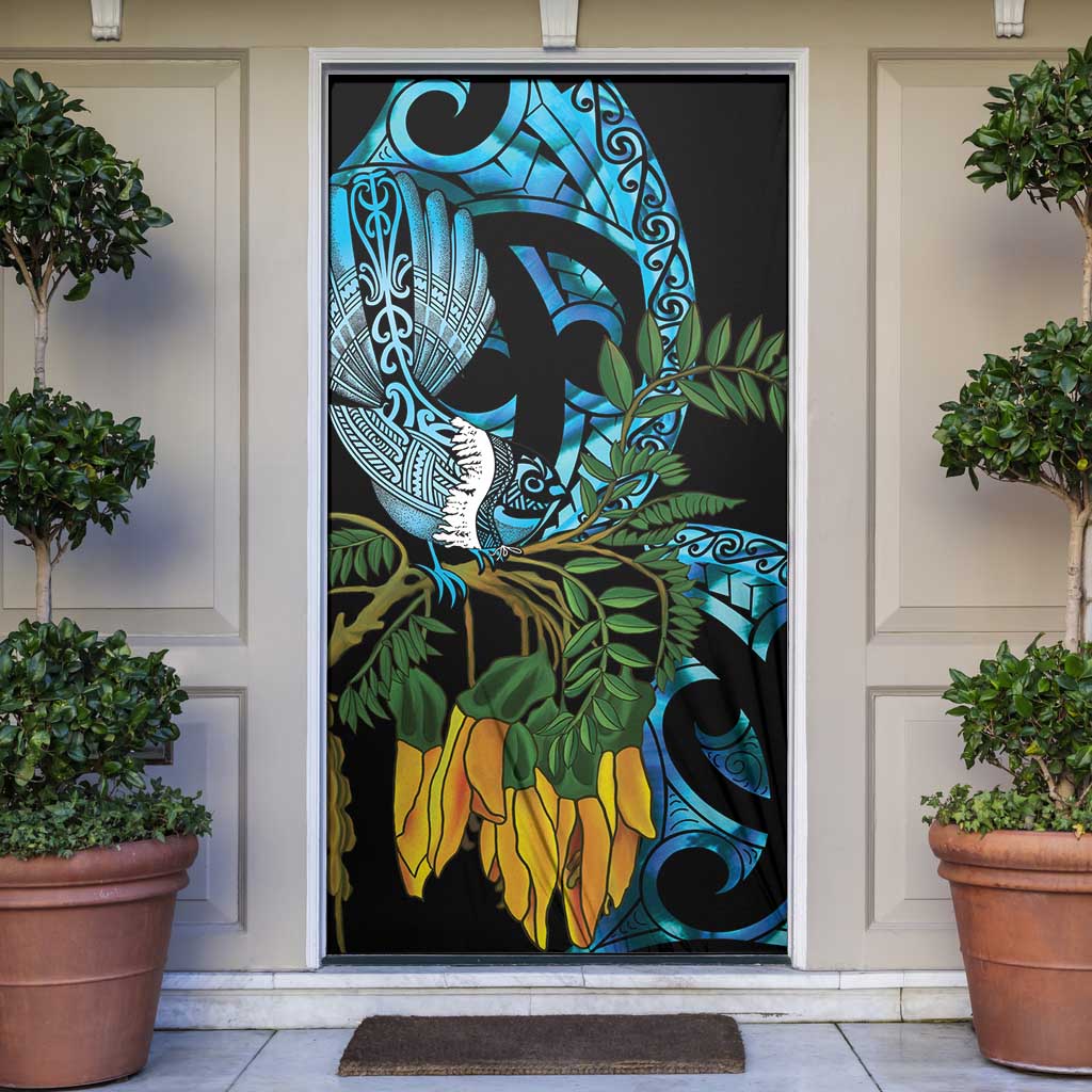 Turquoise New Zealand Kowhai And Piwakawaka Door Cover Maori Ngaru Paua Shell - Polynesian Pride