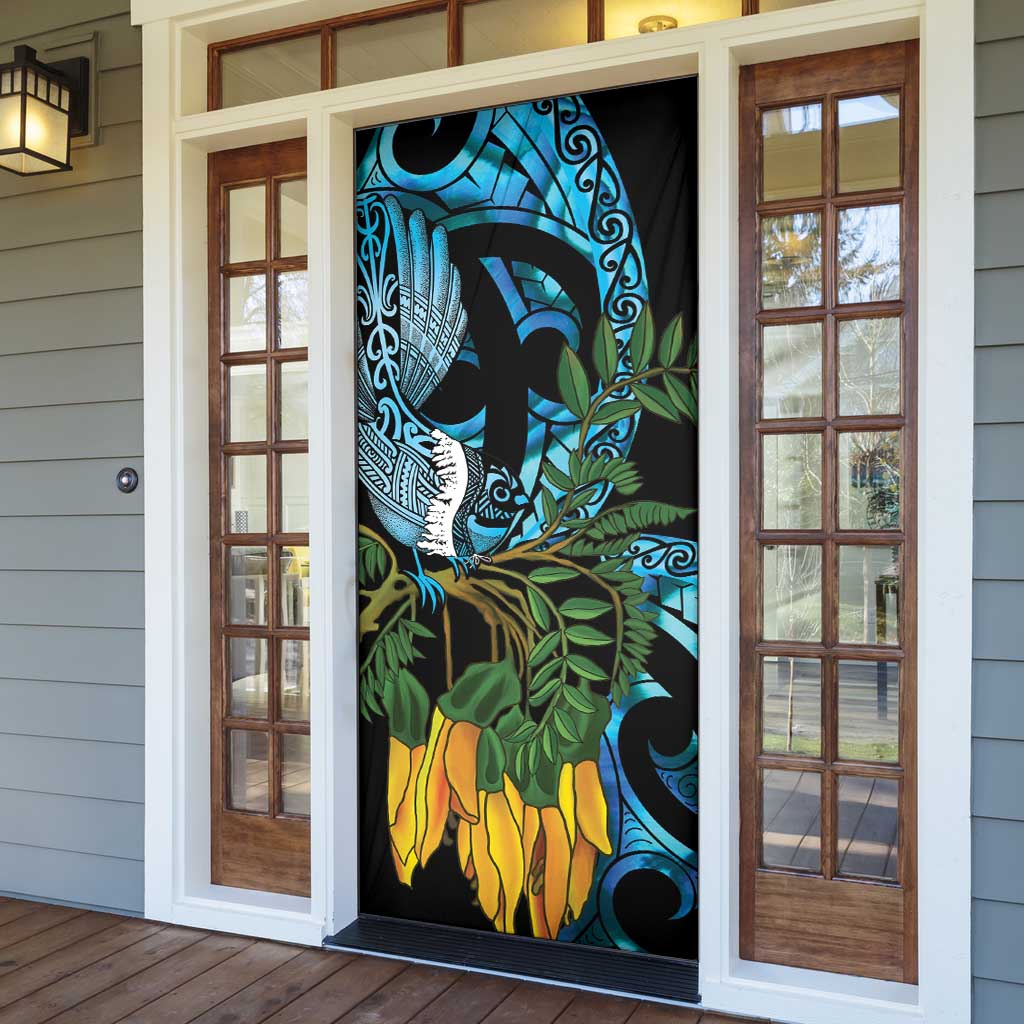 Turquoise New Zealand Kowhai And Piwakawaka Door Cover Maori Ngaru Paua Shell - Polynesian Pride