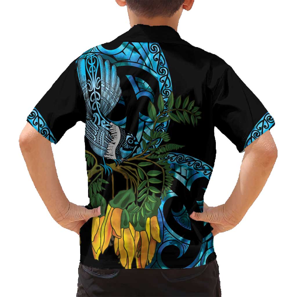 Turquoise New Zealand Kowhai And Piwakawaka Family Matching Long Sleeve Bodycon Dress and Hawaiian Shirt Maori Ngaru Paua Shell LT14 - Polynesian Pride