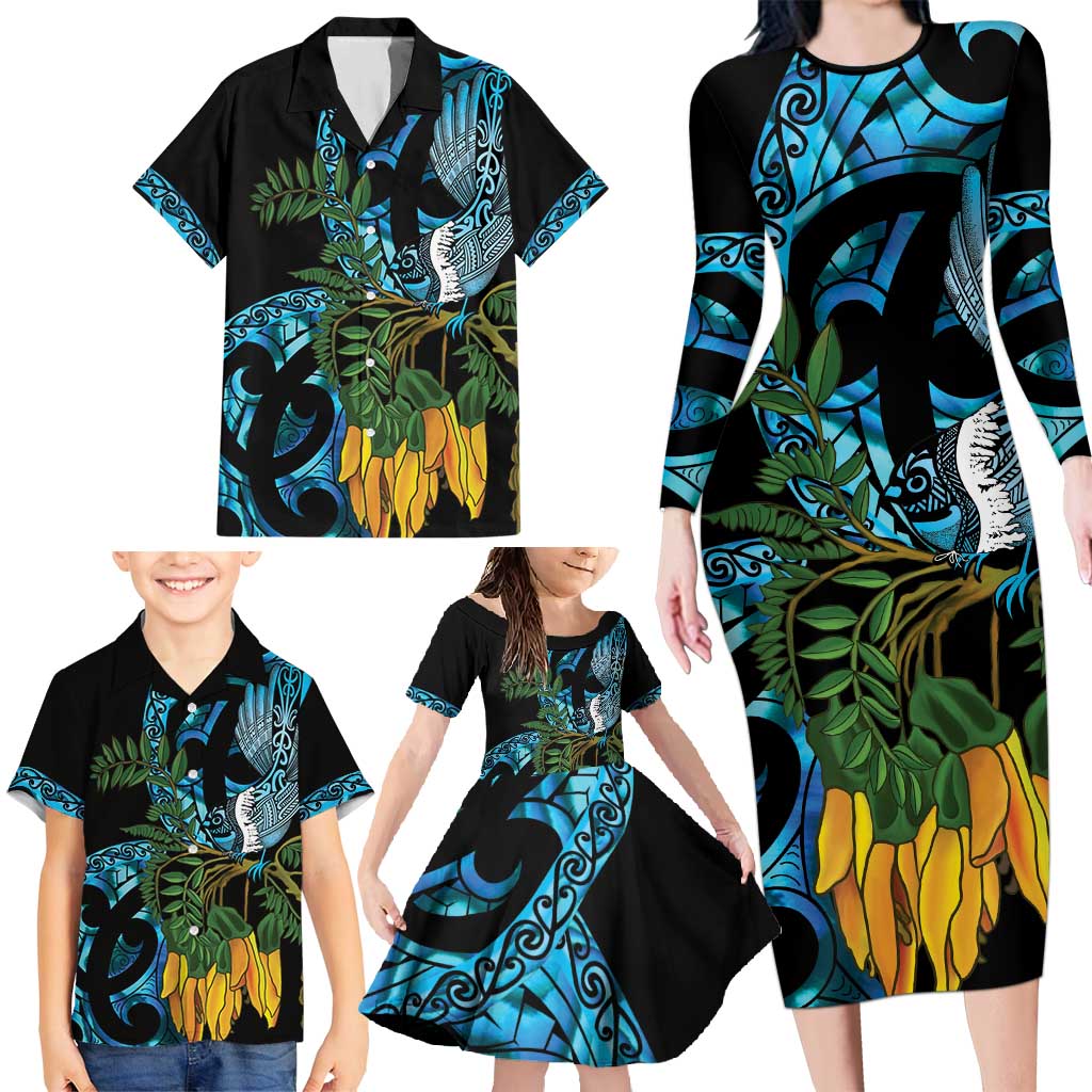 Turquoise New Zealand Kowhai And Piwakawaka Family Matching Long Sleeve Bodycon Dress and Hawaiian Shirt Maori Ngaru Paua Shell LT14 - Polynesian Pride