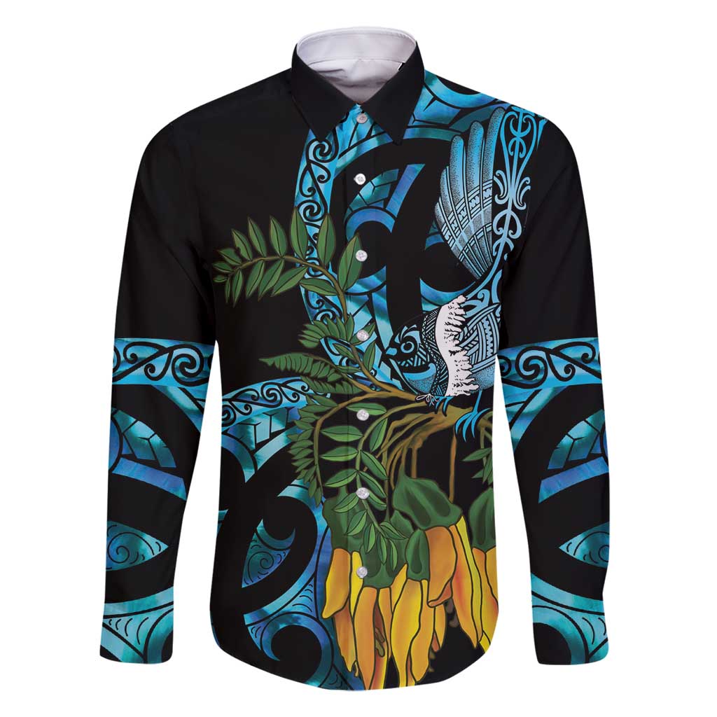 Turquoise New Zealand Kowhai And Piwakawaka Family Matching Long Sleeve Bodycon Dress and Hawaiian Shirt Maori Ngaru Paua Shell LT14 Dad's Shirt - Long Sleeve Turquoise - Polynesian Pride