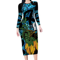 Turquoise New Zealand Kowhai And Piwakawaka Family Matching Long Sleeve Bodycon Dress and Hawaiian Shirt Maori Ngaru Paua Shell LT14 Mom's Dress Turquoise - Polynesian Pride
