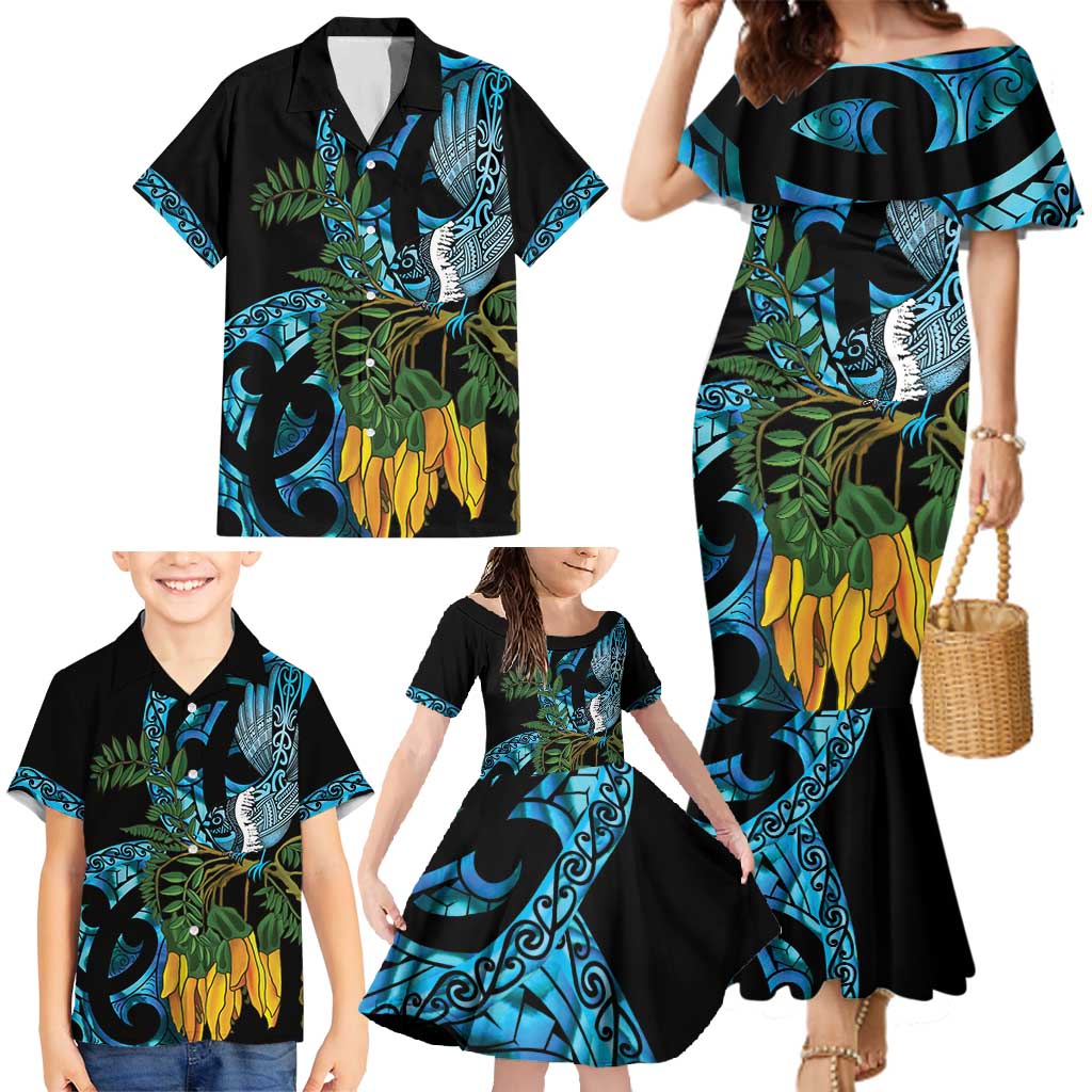 Turquoise New Zealand Kowhai And Piwakawaka Family Matching Mermaid Dress and Hawaiian Shirt Maori Ngaru Paua Shell LT14 - Polynesian Pride