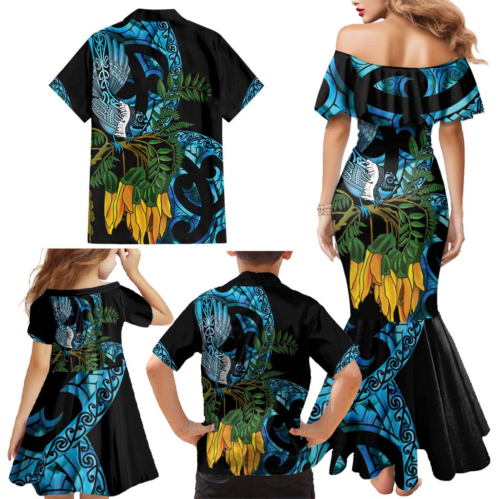Turquoise New Zealand Kowhai And Piwakawaka Family Matching Mermaid Dress and Hawaiian Shirt Maori Ngaru Paua Shell LT14 - Polynesian Pride