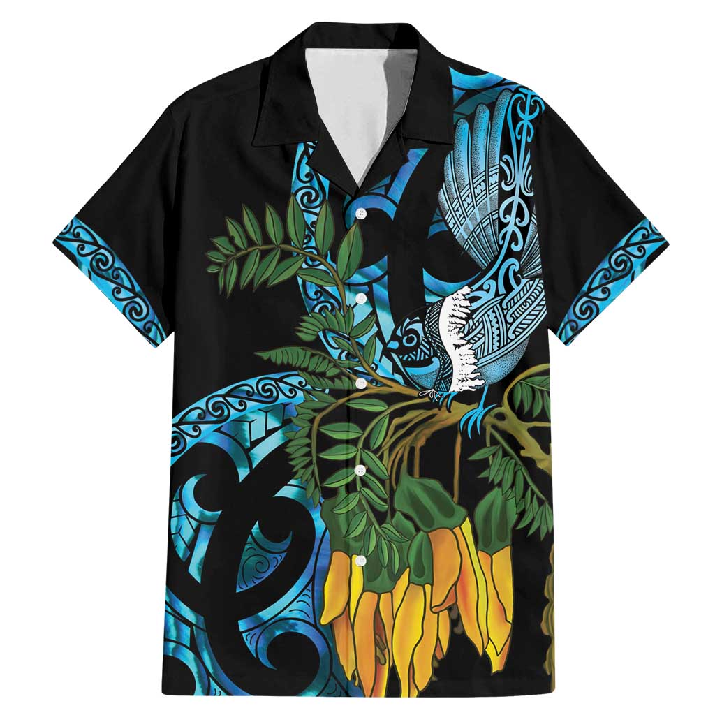 Turquoise New Zealand Kowhai And Piwakawaka Family Matching Mermaid Dress and Hawaiian Shirt Maori Ngaru Paua Shell LT14 Dad's Shirt - Short Sleeve Turquoise - Polynesian Pride