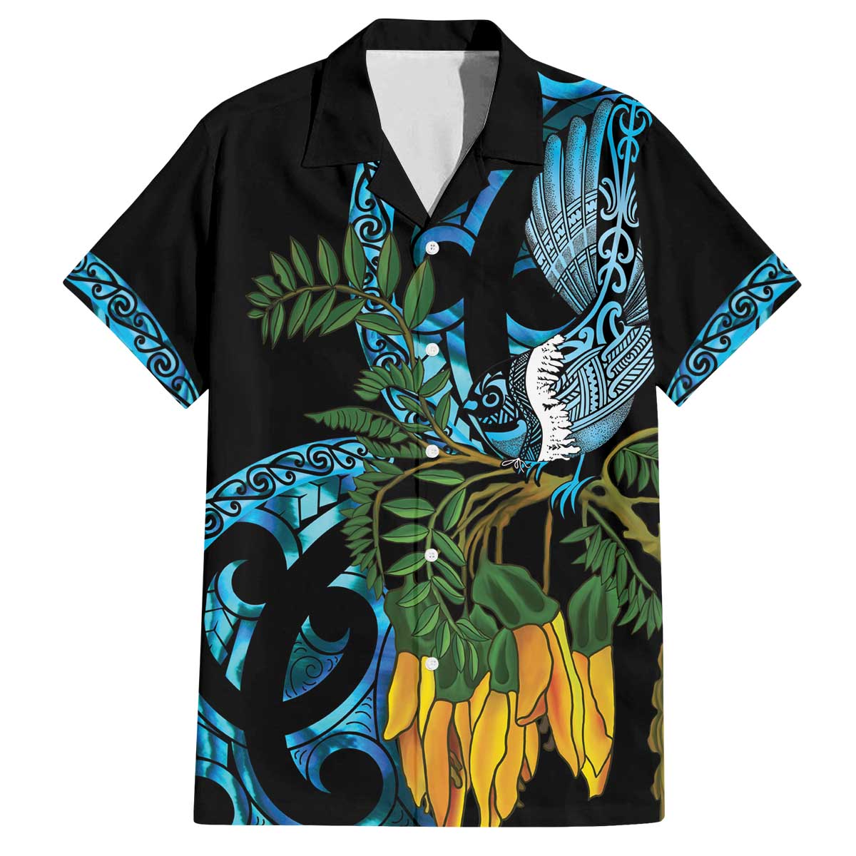 Turquoise New Zealand Kowhai And Piwakawaka Family Matching Off The Shoulder Long Sleeve Dress and Hawaiian Shirt Maori Ngaru Paua Shell LT14 Dad's Shirt - Short Sleeve Turquoise - Polynesian Pride
