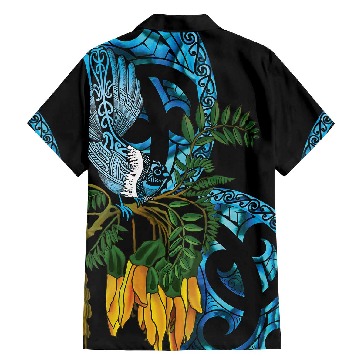 Turquoise New Zealand Kowhai And Piwakawaka Family Matching Off The Shoulder Long Sleeve Dress and Hawaiian Shirt Maori Ngaru Paua Shell LT14 - Polynesian Pride
