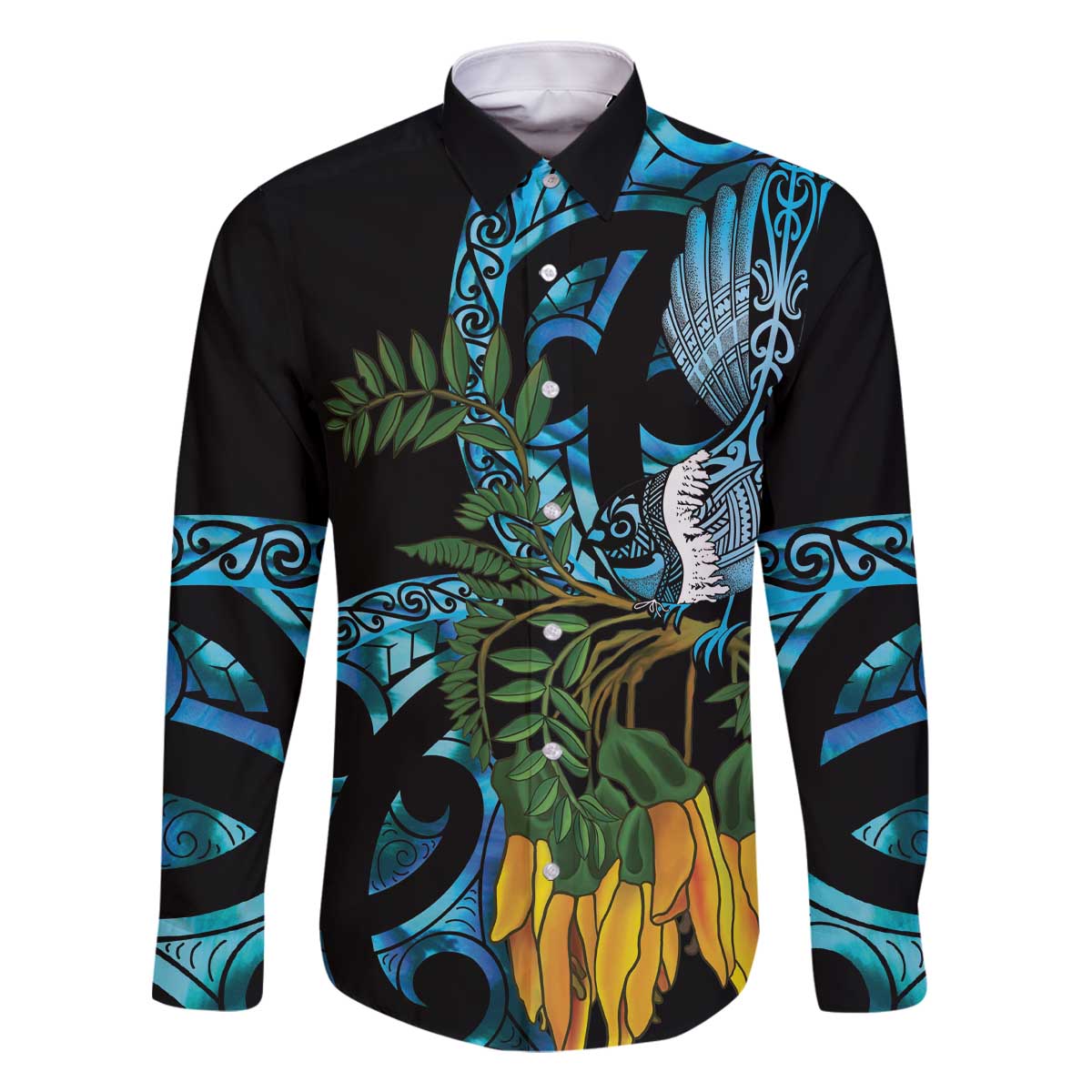 Turquoise New Zealand Kowhai And Piwakawaka Family Matching Off The Shoulder Long Sleeve Dress and Hawaiian Shirt Maori Ngaru Paua Shell LT14 Dad's Shirt - Long Sleeve Turquoise - Polynesian Pride