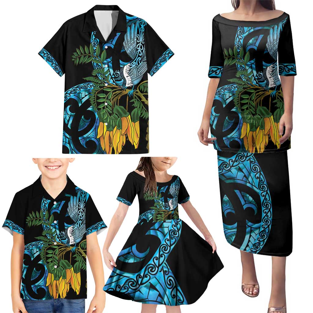 Turquoise New Zealand Kowhai And Piwakawaka Family Matching Puletasi and Hawaiian Shirt Maori Ngaru Paua Shell LT14 - Polynesian Pride