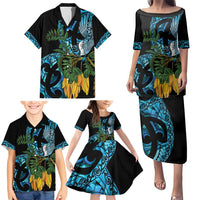Turquoise New Zealand Kowhai And Piwakawaka Family Matching Puletasi and Hawaiian Shirt Maori Ngaru Paua Shell LT14 - Polynesian Pride