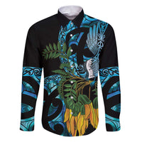 Turquoise New Zealand Kowhai And Piwakawaka Family Matching Puletasi and Hawaiian Shirt Maori Ngaru Paua Shell LT14 Dad's Shirt - Long Sleeve Turquoise - Polynesian Pride
