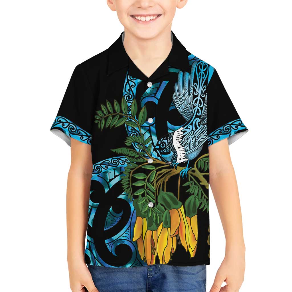 Turquoise New Zealand Kowhai And Piwakawaka Family Matching Puletasi and Hawaiian Shirt Maori Ngaru Paua Shell LT14 Son's Shirt Turquoise - Polynesian Pride