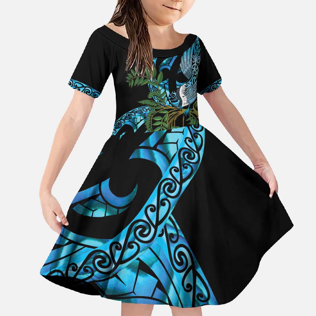 Turquoise New Zealand Kowhai And Piwakawaka Family Matching Short Sleeve Bodycon Dress and Hawaiian Shirt Maori Ngaru Paua Shell LT14 Daughter's Dress Turquoise - Polynesian Pride