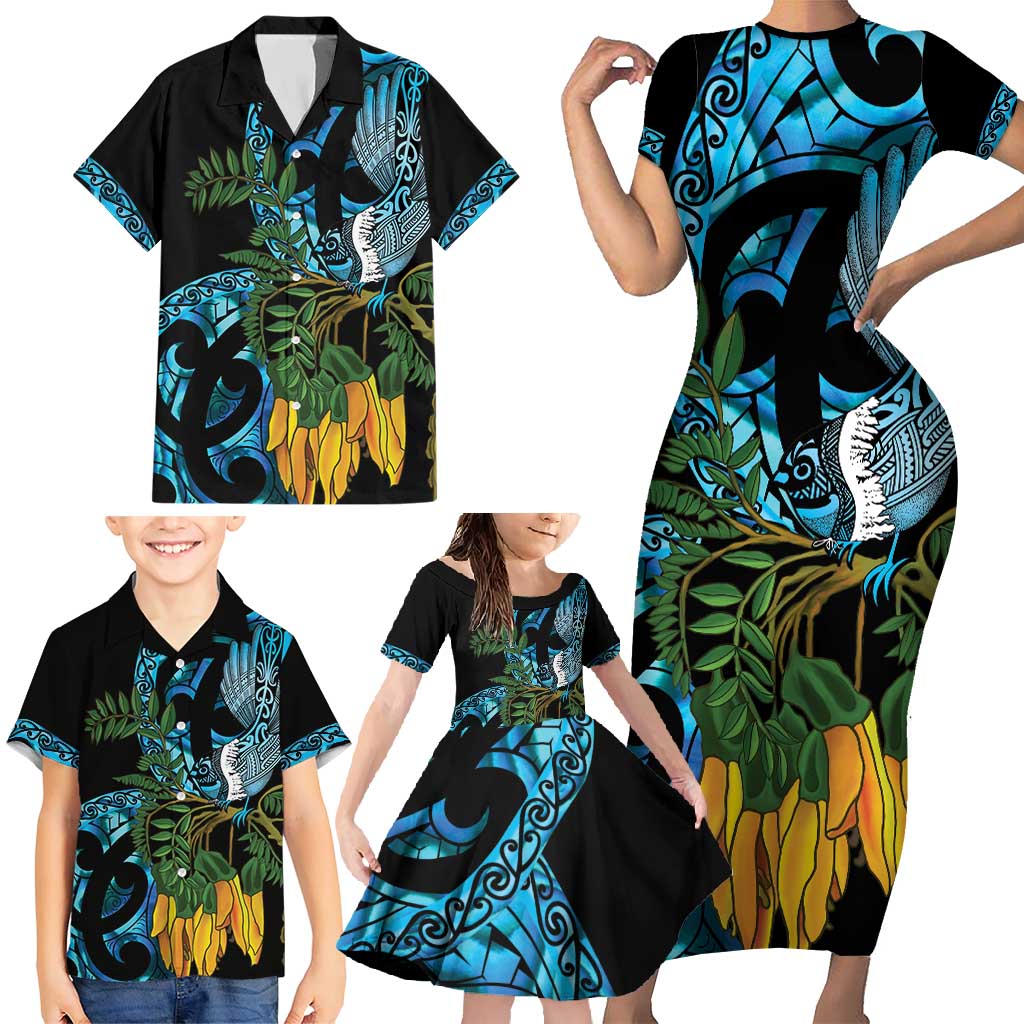 Turquoise New Zealand Kowhai And Piwakawaka Family Matching Short Sleeve Bodycon Dress and Hawaiian Shirt Maori Ngaru Paua Shell LT14 - Polynesian Pride