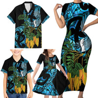 Turquoise New Zealand Kowhai And Piwakawaka Family Matching Short Sleeve Bodycon Dress and Hawaiian Shirt Maori Ngaru Paua Shell LT14 - Polynesian Pride