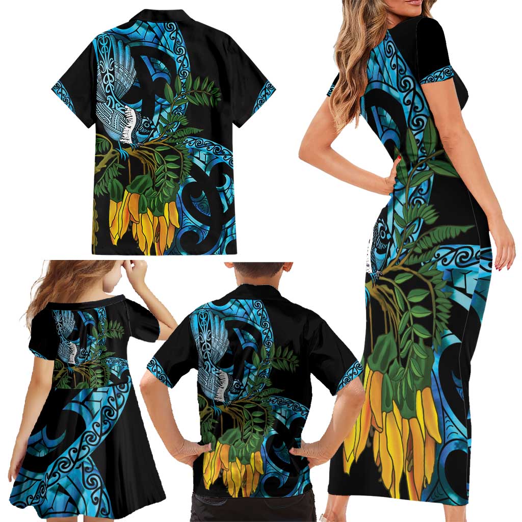 Turquoise New Zealand Kowhai And Piwakawaka Family Matching Short Sleeve Bodycon Dress and Hawaiian Shirt Maori Ngaru Paua Shell LT14 - Polynesian Pride