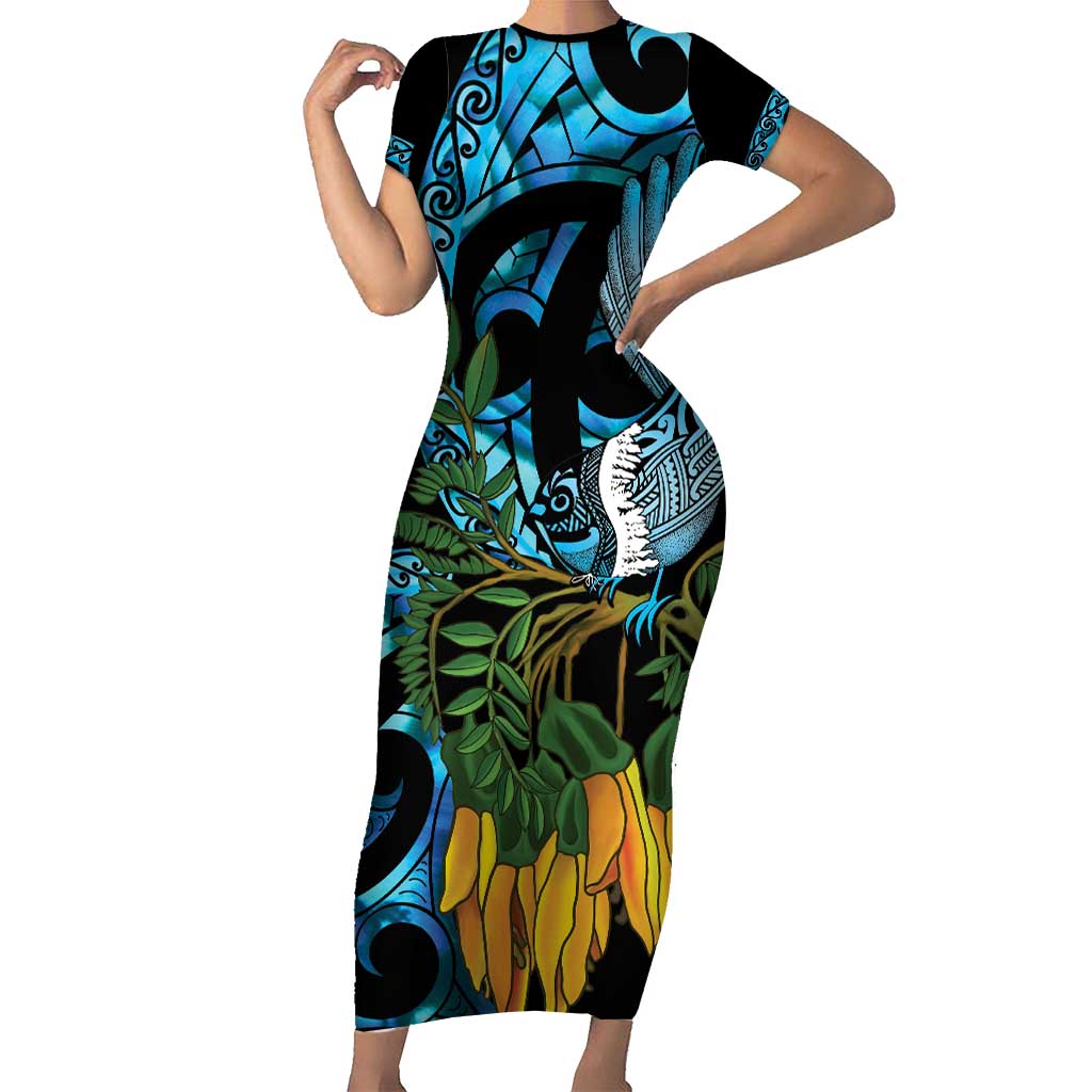 Turquoise New Zealand Kowhai And Piwakawaka Family Matching Short Sleeve Bodycon Dress and Hawaiian Shirt Maori Ngaru Paua Shell LT14 Mom's Dress Turquoise - Polynesian Pride