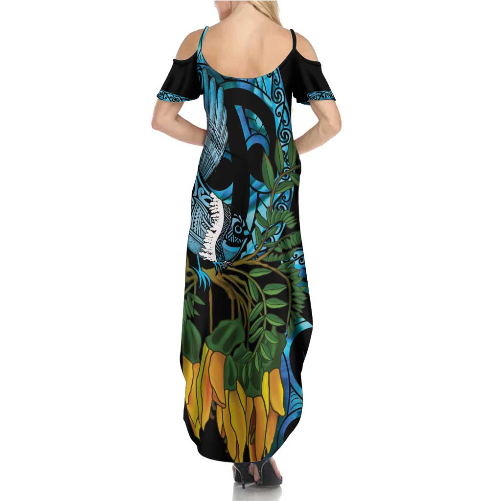 Turquoise New Zealand Kowhai And Piwakawaka Family Matching Summer Maxi Dress and Hawaiian Shirt Maori Ngaru Paua Shell