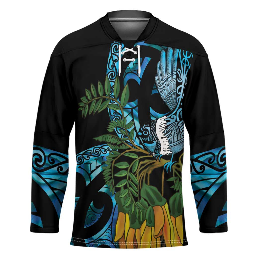 Turquoise New Zealand Kowhai And Piwakawaka Hockey Jersey Maori Ngaru Paua Shell - Polynesian Pride