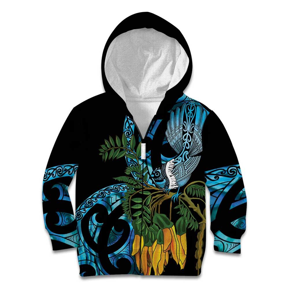 Turquoise New Zealand Kowhai And Piwakawaka Kid Hoodie Maori Ngaru Paua Shell