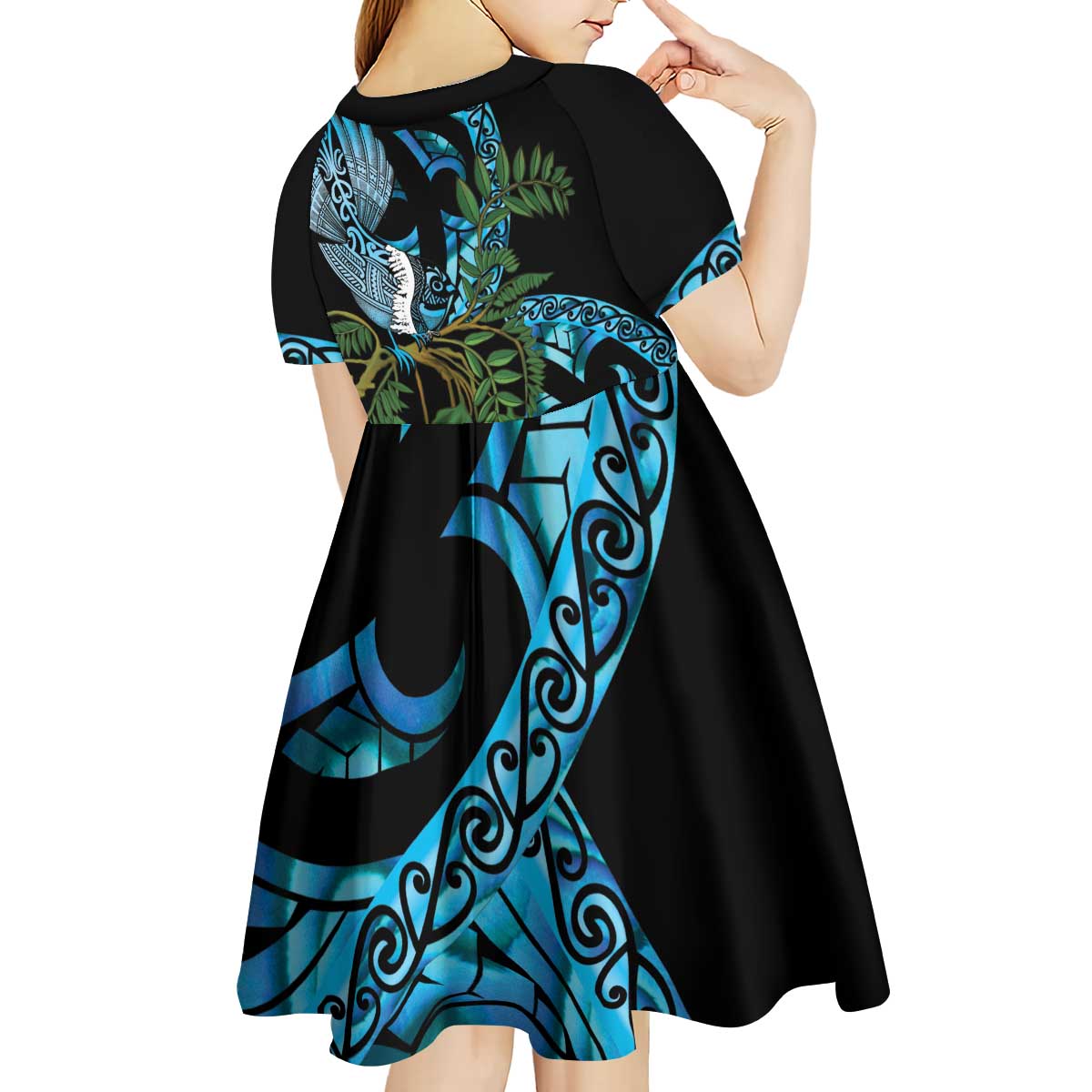 Turquoise New Zealand Kowhai And Piwakawaka Kid Short Sleeve Dress Maori Ngaru Paua Shell