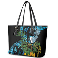 Turquoise New Zealand Kowhai And Piwakawaka Leather Tote Bag Maori Ngaru Paua Shell