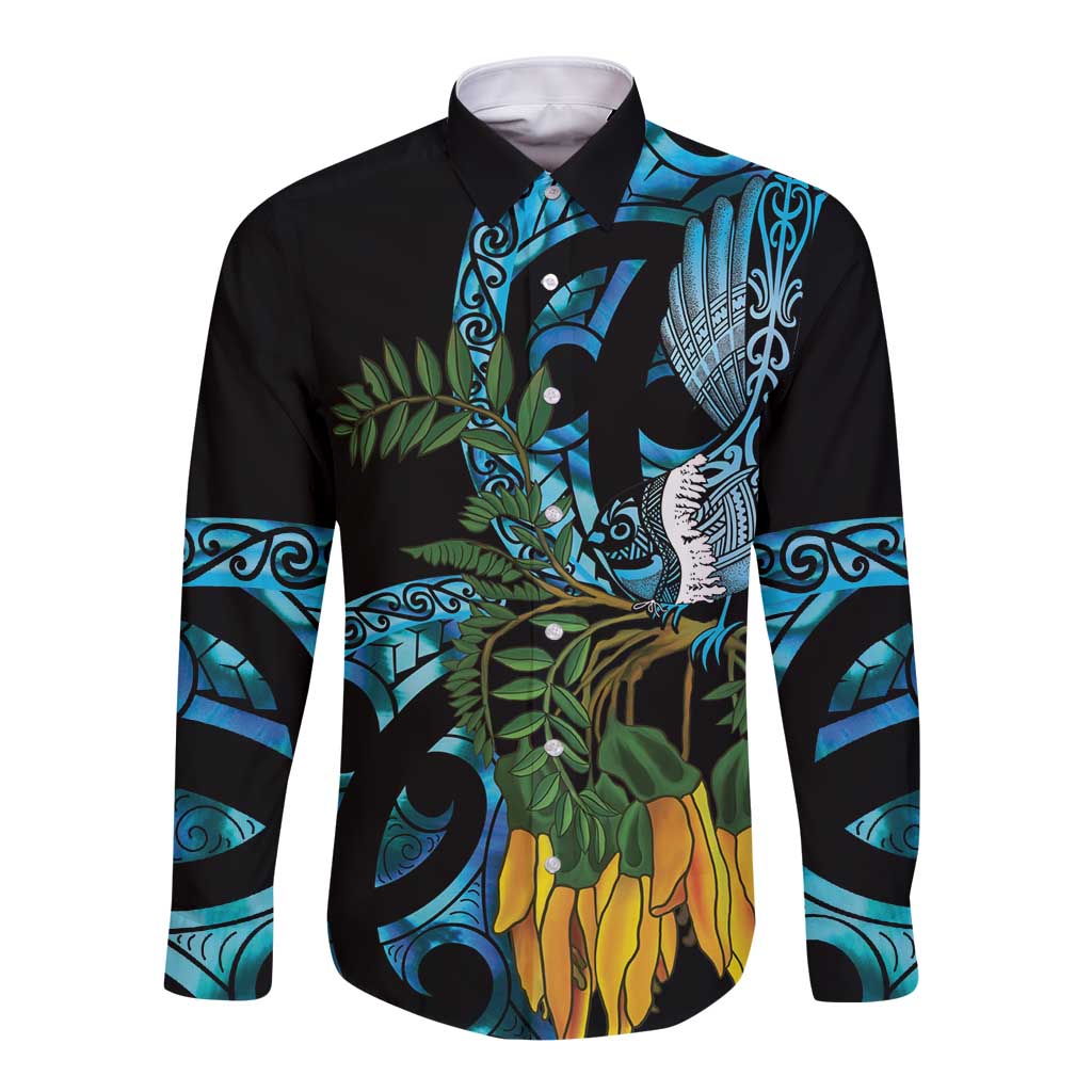 Turquoise New Zealand Kowhai And Piwakawaka Long Sleeve Button Shirt Maori Ngaru Paua Shell LT14 Unisex Turquoise - Polynesian Pride