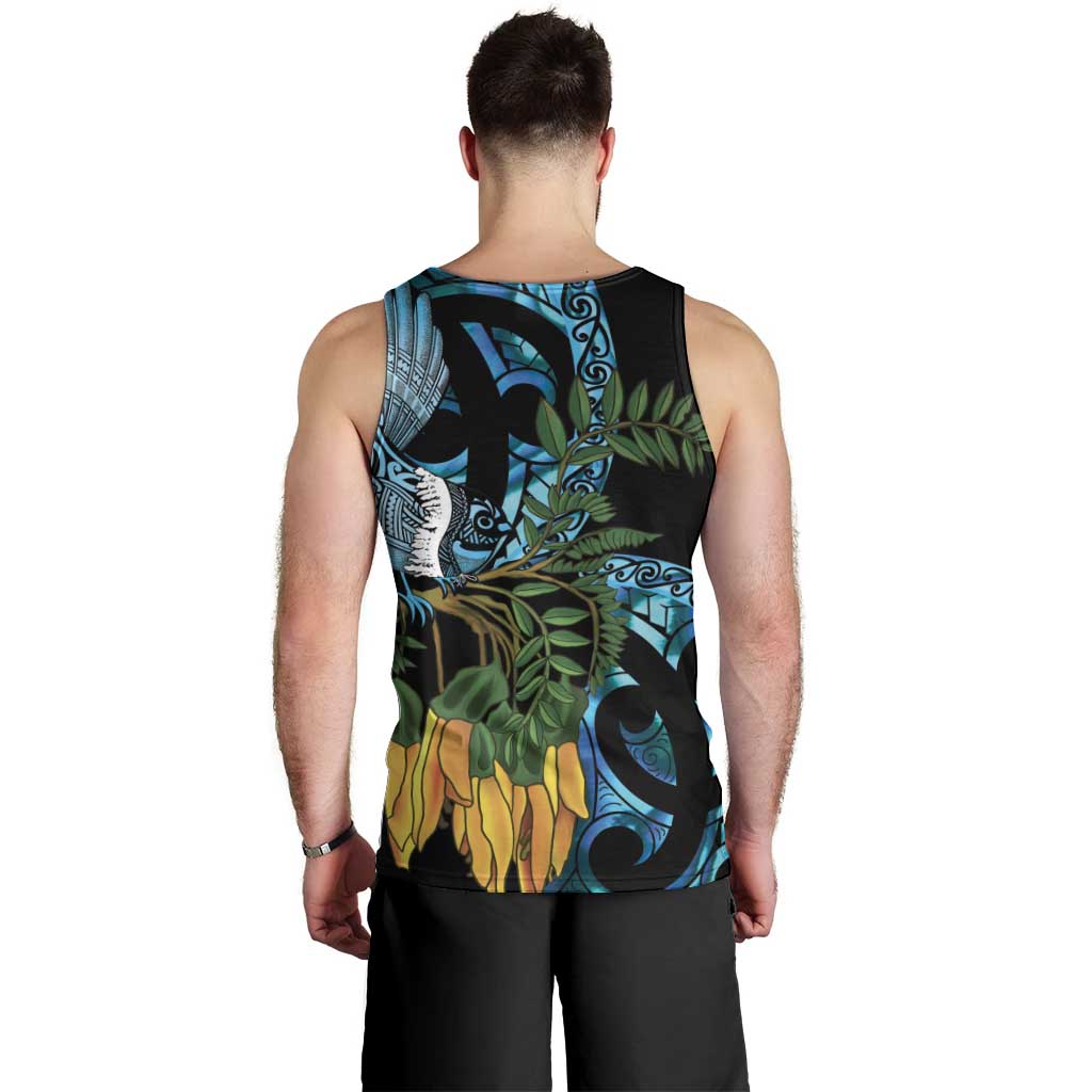 Turquoise New Zealand Kowhai And Piwakawaka Men Tank Top Maori Ngaru Paua Shell LT14 - Polynesian Pride