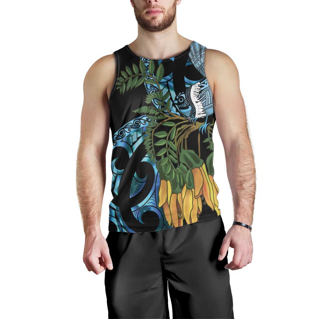 Turquoise New Zealand Kowhai And Piwakawaka Men Tank Top Maori Ngaru Paua Shell LT14 - Polynesian Pride