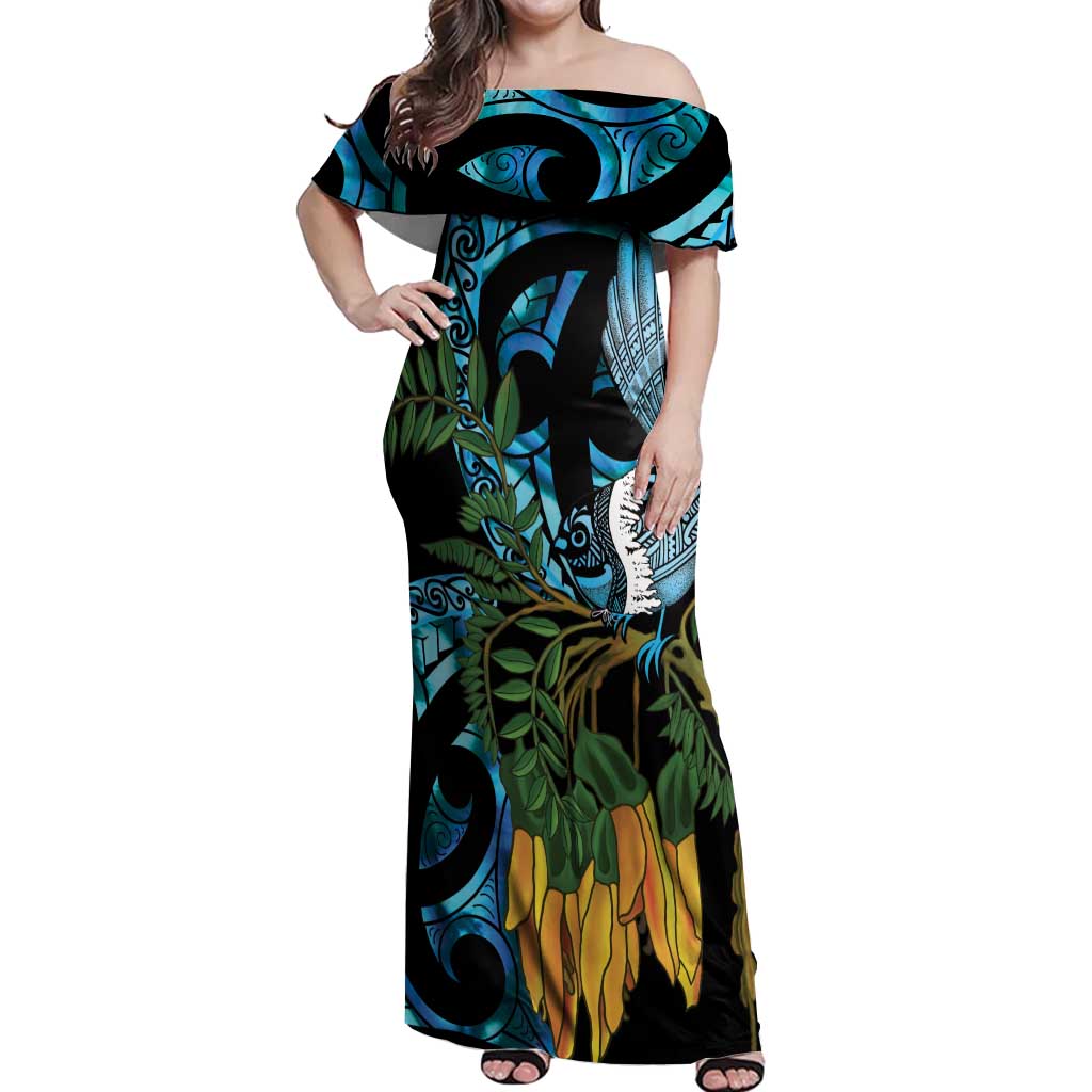 Turquoise New Zealand Kowhai And Piwakawaka Off Shoulder Maxi Dress Maori Ngaru Paua Shell LT14 Women Turquoise - Polynesian Pride