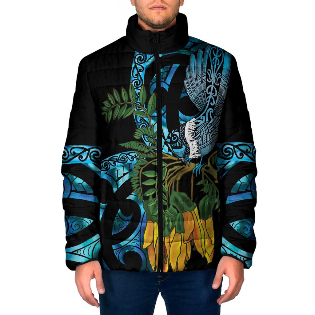 Turquoise New Zealand Kowhai And Piwakawaka Padded Jacket Maori Ngaru Paua Shell - Polynesian Pride
