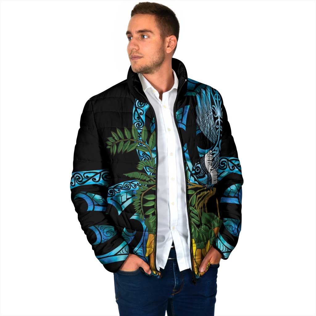 Turquoise New Zealand Kowhai And Piwakawaka Padded Jacket Maori Ngaru Paua Shell - Polynesian Pride