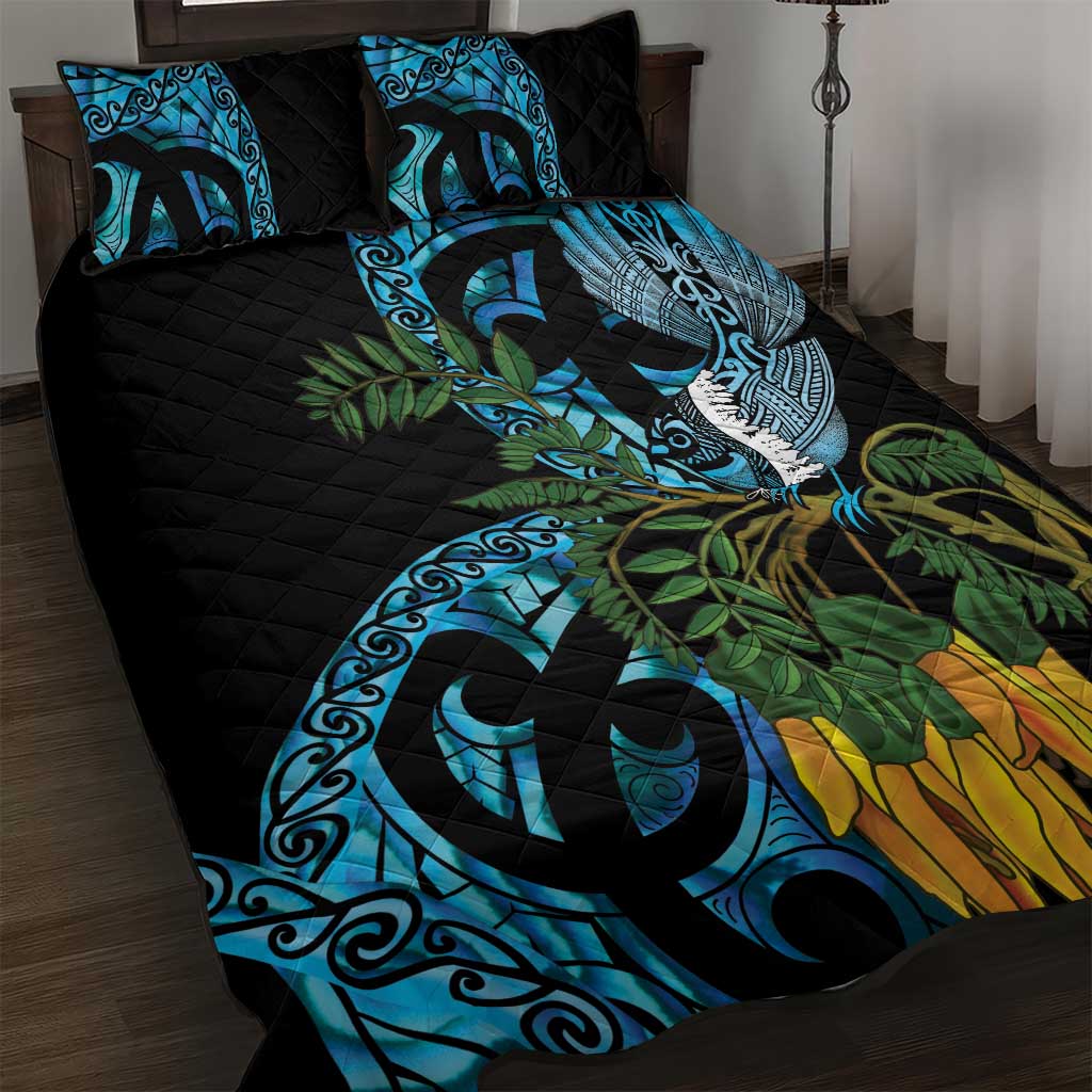 Turquoise New Zealand Kowhai And Piwakawaka Quilt Bed Set Maori Ngaru Paua Shell