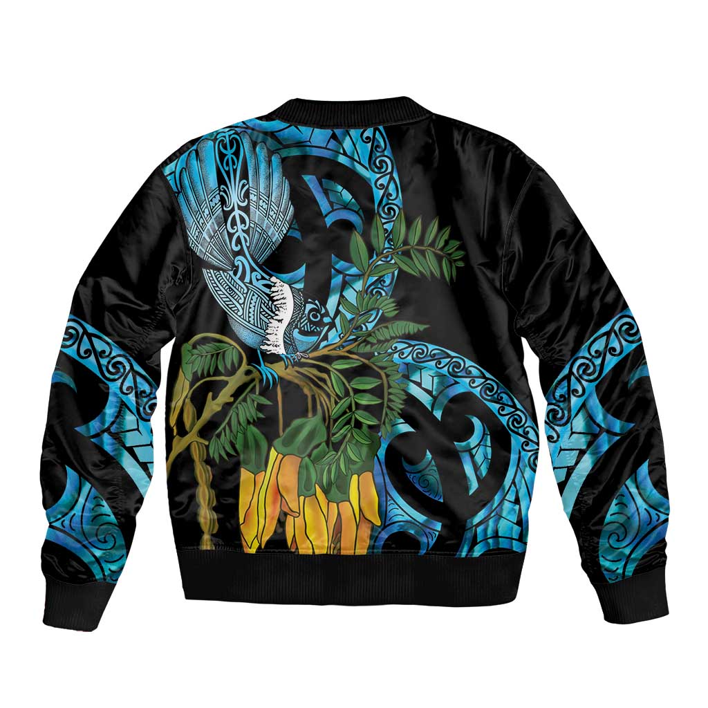 Turquoise New Zealand Kowhai And Piwakawaka Sleeve Zip Bomber Jacket Maori Ngaru Paua Shell