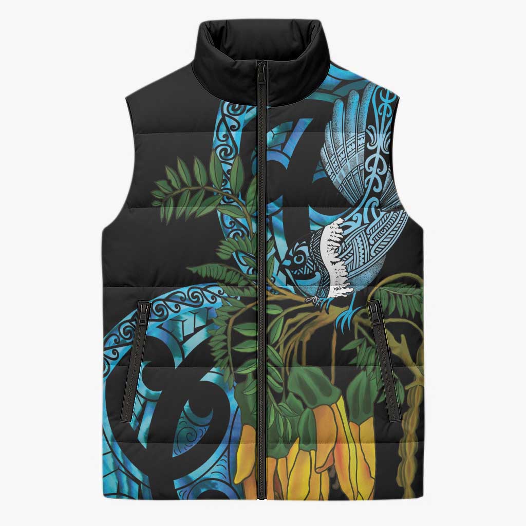 Turquoise New Zealand Kowhai And Piwakawaka Sleeveless Puffer Jacket Maori Ngaru Paua Shell - Polynesian Pride