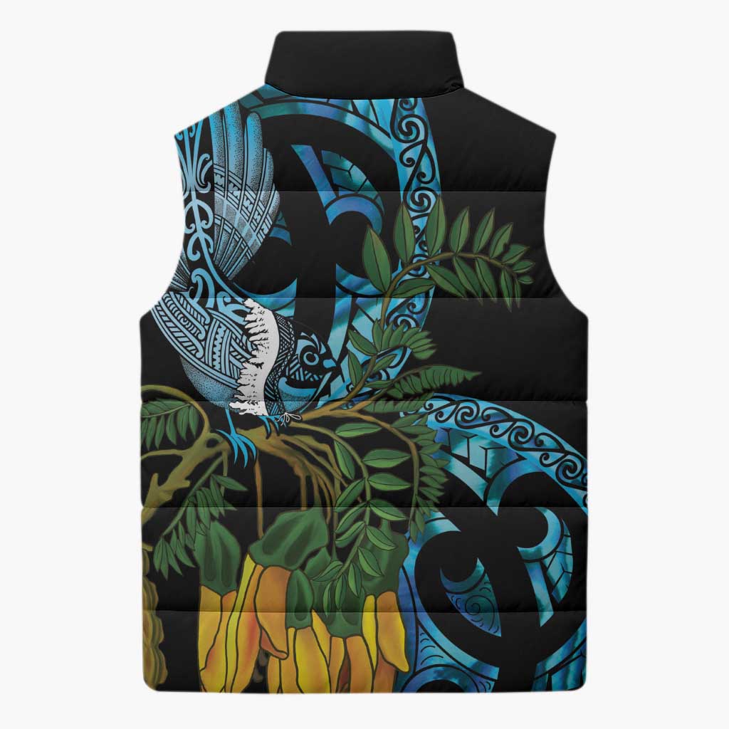 Turquoise New Zealand Kowhai And Piwakawaka Sleeveless Puffer Jacket Maori Ngaru Paua Shell - Polynesian Pride