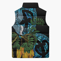 Turquoise New Zealand Kowhai And Piwakawaka Sleeveless Puffer Jacket Maori Ngaru Paua Shell - Polynesian Pride