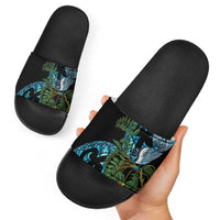 Turquoise New Zealand Kowhai And Piwakawaka Slide Sandals Maori Ngaru Paua Shell - Polynesian Pride