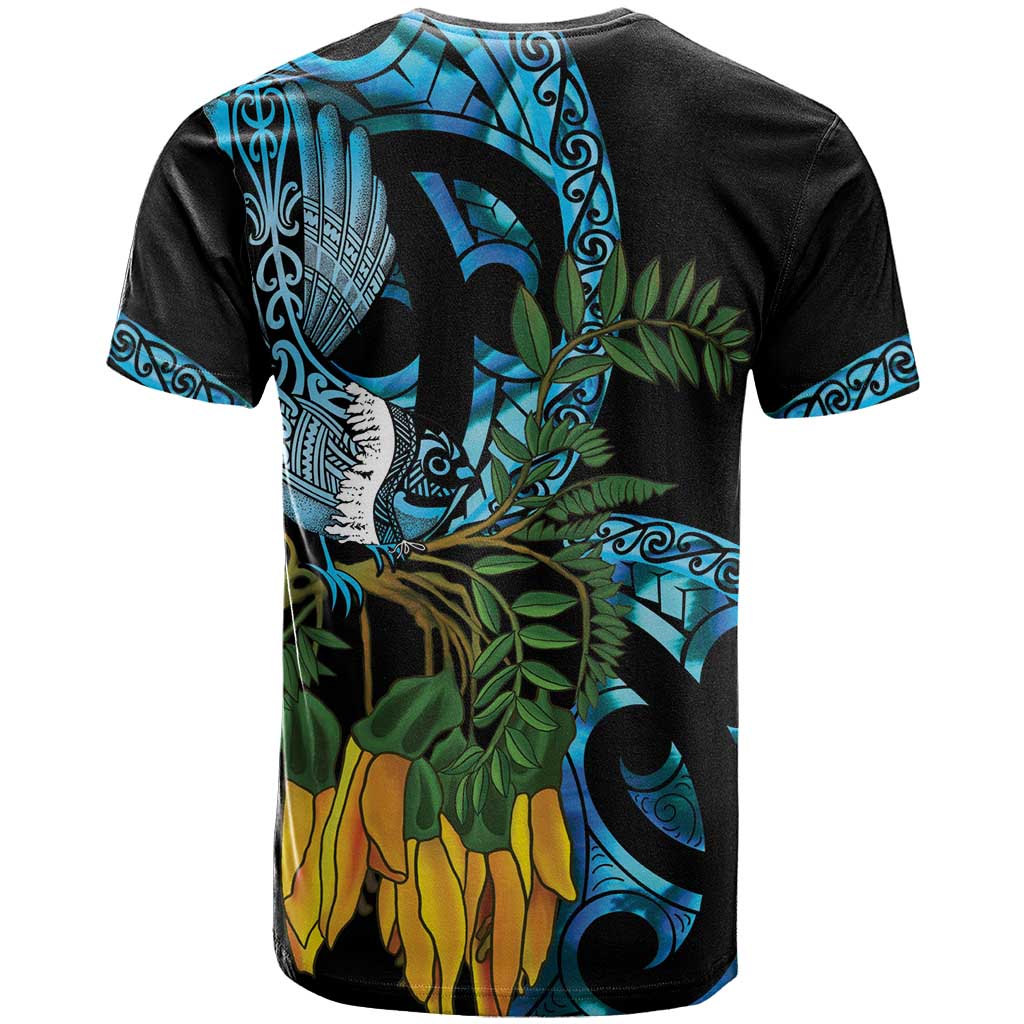 Turquoise New Zealand Kowhai And Piwakawaka T Shirt Maori Ngaru Paua Shell LT14 - Polynesian Pride