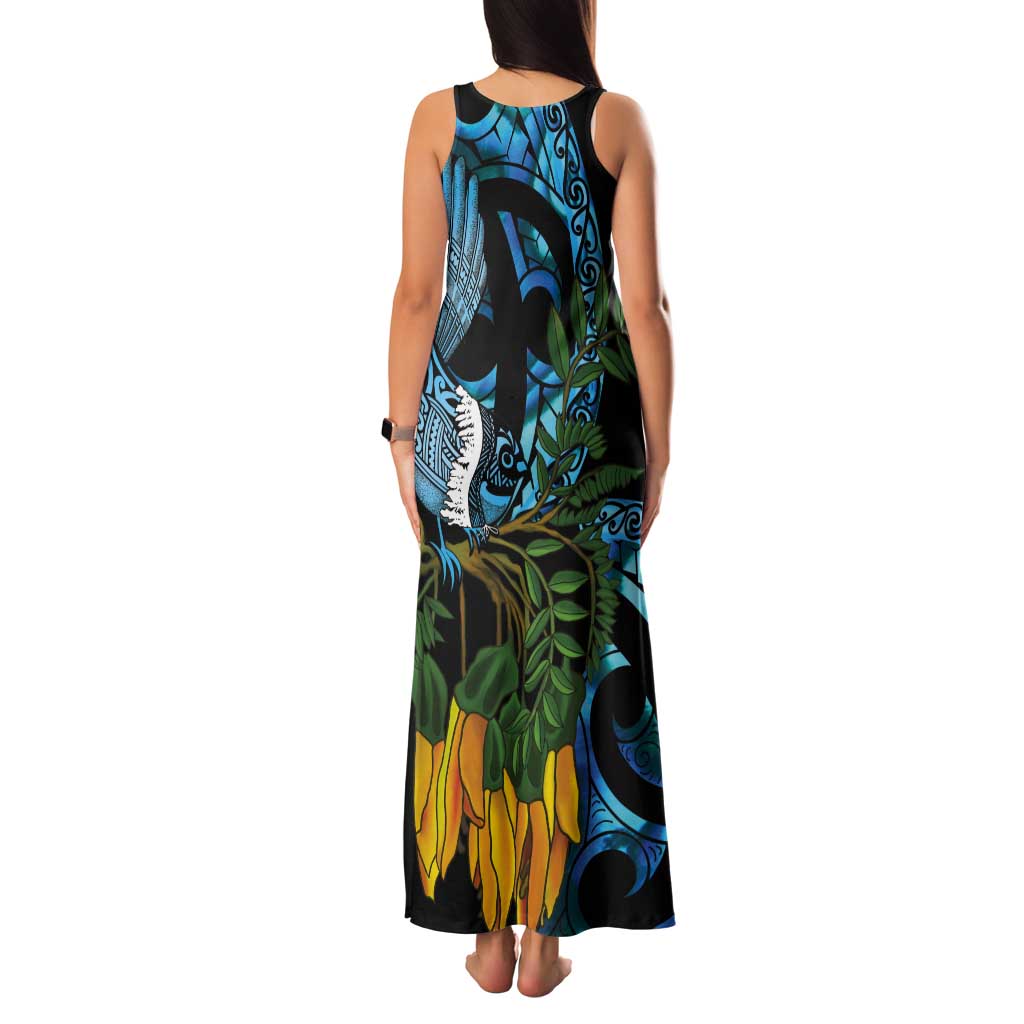 Turquoise New Zealand Kowhai And Piwakawaka Tank Maxi Dress Maori Ngaru Paua Shell
