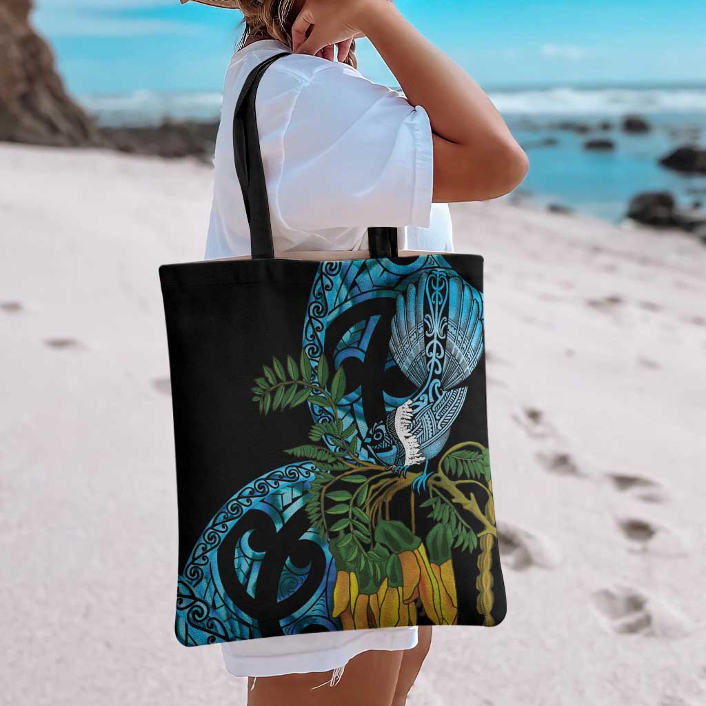Turquoise New Zealand Kowhai And Piwakawaka Tote Bag Maori Ngaru Paua Shell - Polynesian Pride